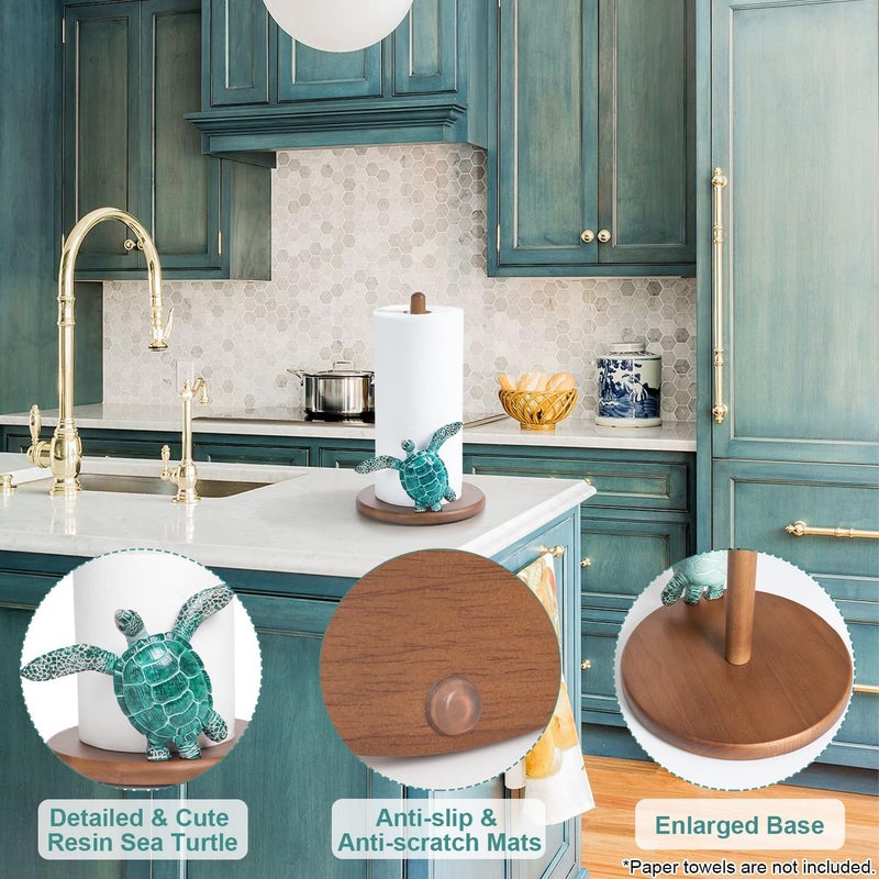 YLOVAN Turtle Paper Towel Holder - Coastal Decor for Home Ocean Decor Beach House Beachy Themed, Sea Turtle Gifts for Women, Cute Decorative Paper Towel Holder Stand Countertop Kitchen Nautical Teal Wood - Image 3